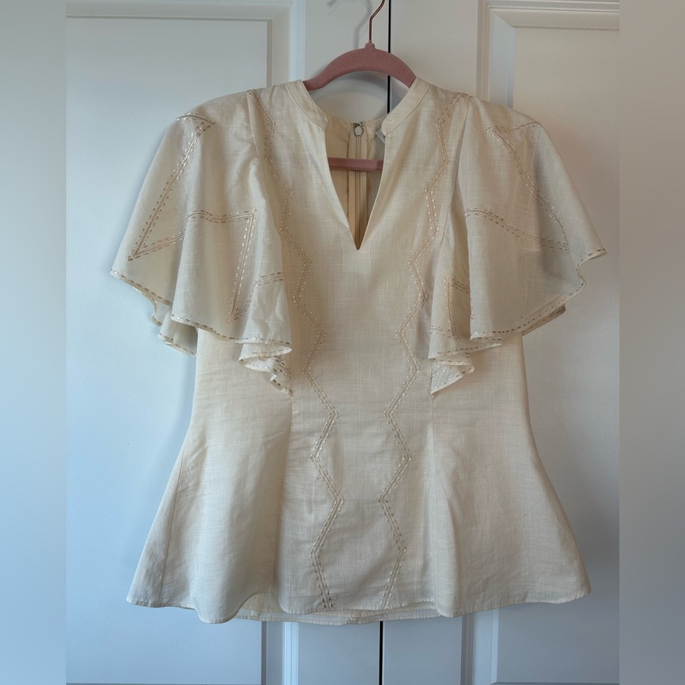 Anna Cate Women’s V-Neck Embroidered Ruffle Sleeve Blouse Taupe Size Small